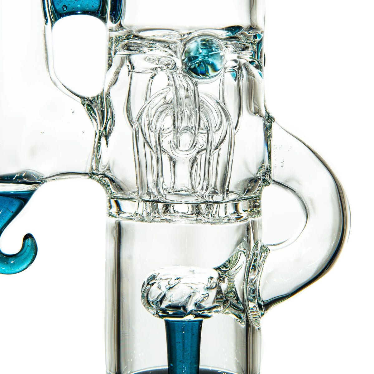 Close-up of intricate clear glass water pipe with blue accents and detailed percolator.