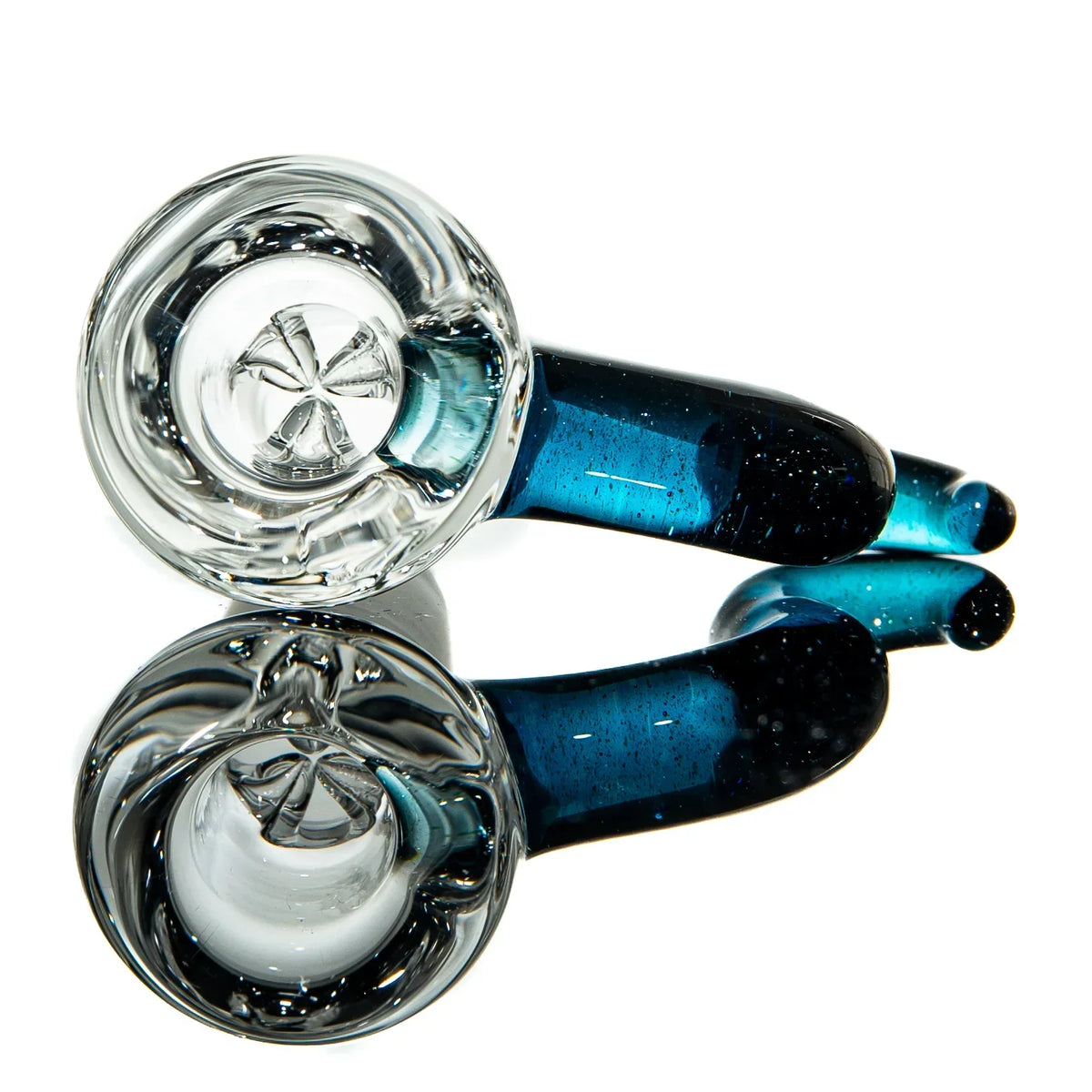 Blue and clear glass hand pipe with reflective surface, smoking accessory product photo