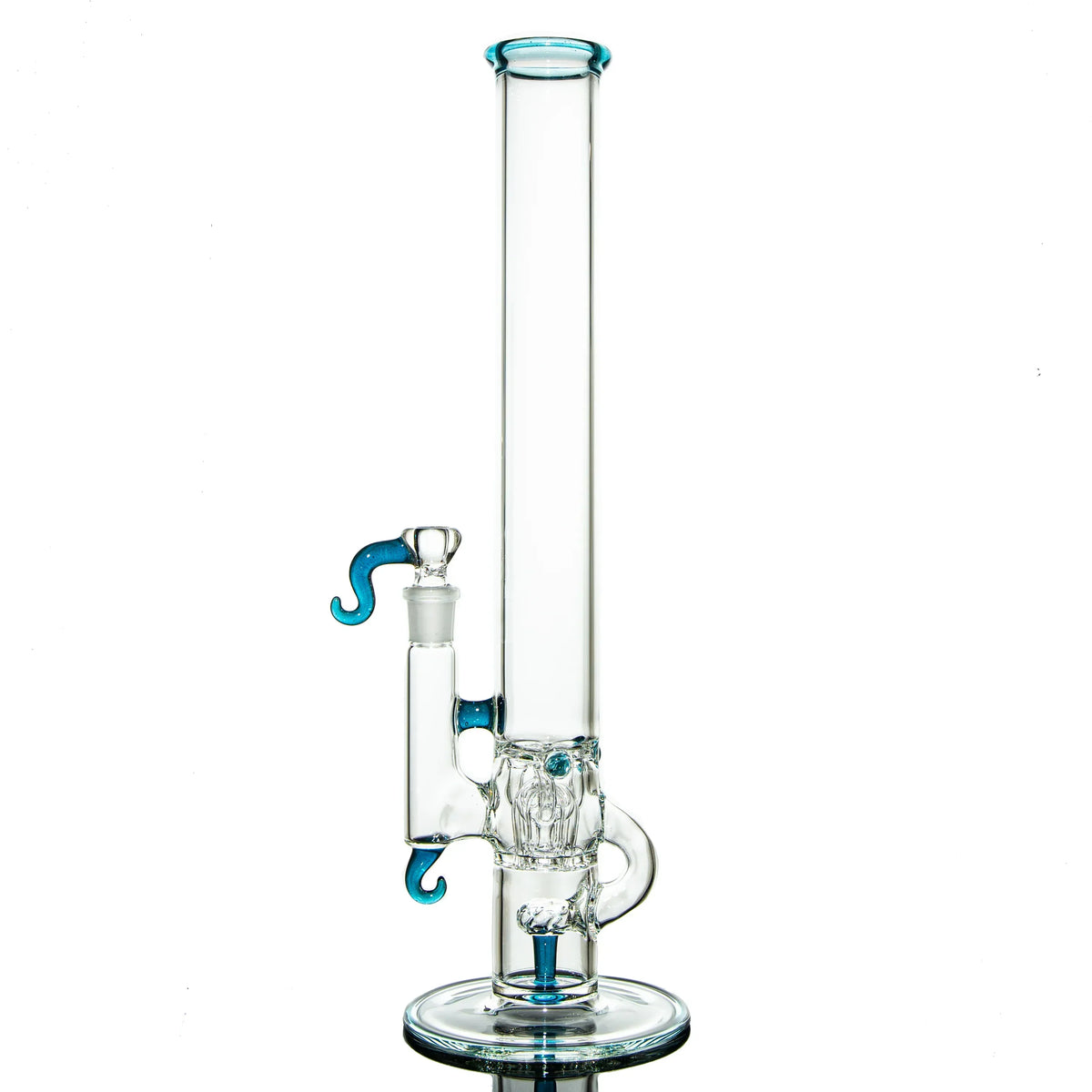 Clear glass water pipe with blue accents and unique hook-shaped features, on white background.
