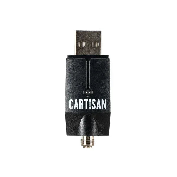 Black USB universal 510 thread charger labeled 'Cartisan' for vape batteries