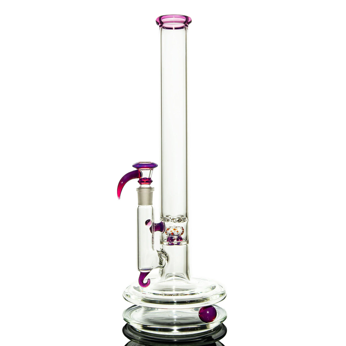 Clear glass water pipe with purple accents, tall neck, and unique hook design on base and bowl.