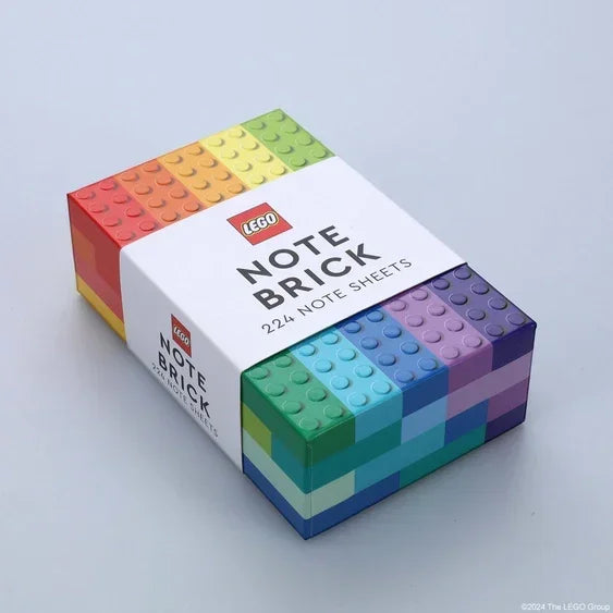 LEGO Note Brick box with 224 colorful note sheets, resembling stacked LEGO bricks.