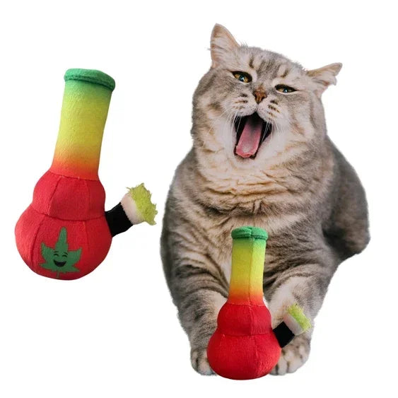 Grey cat playing with a colorful plush bong cat toy, yawning or meowing on white background.