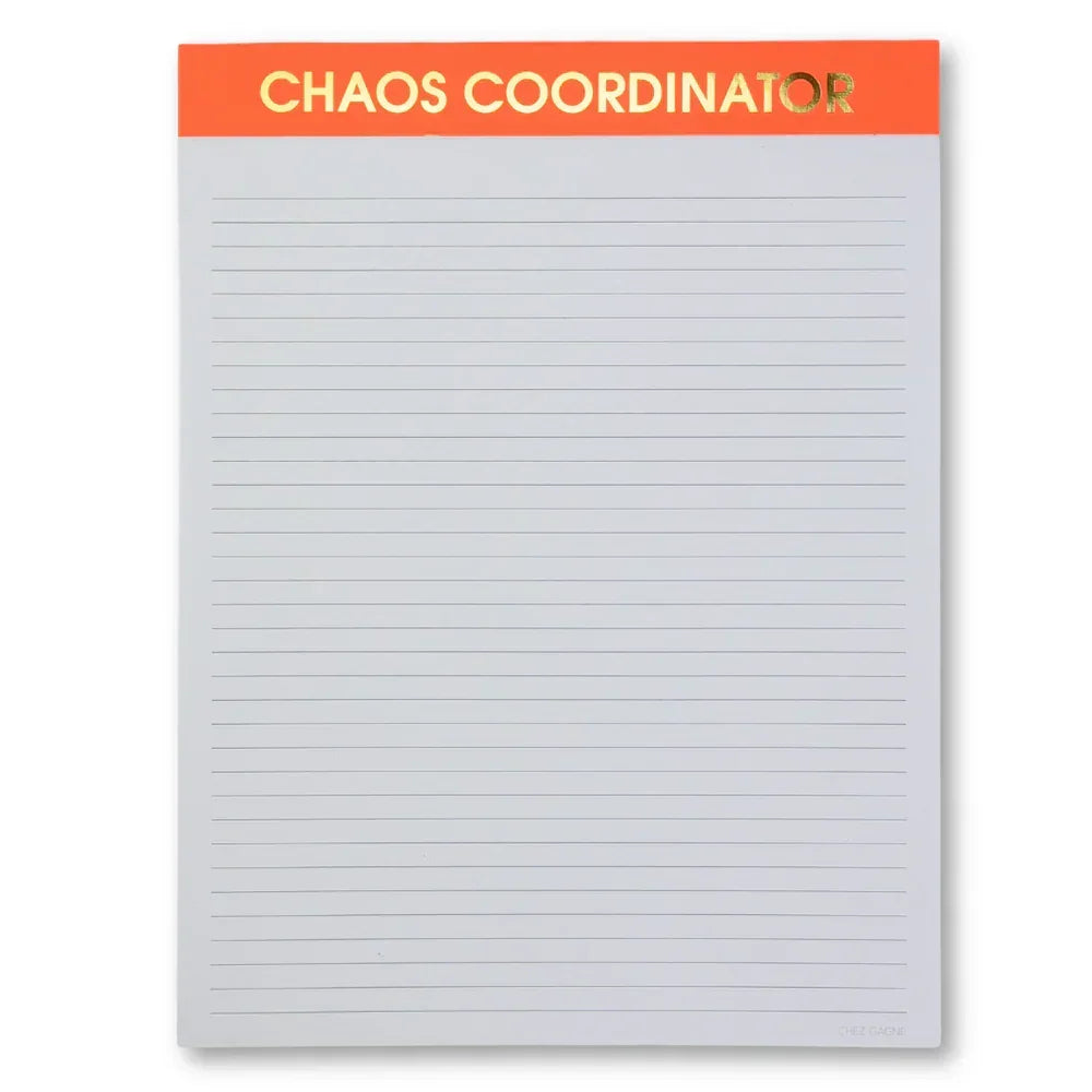 Lined notepad with orange header labeled 'Chaos Coordinator' in gold text