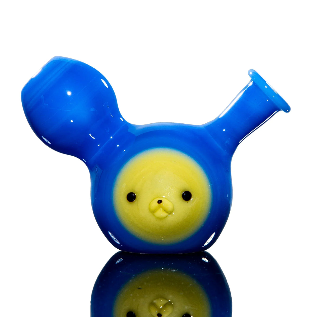 Blue and yellow bear face glass hand pipe for smoking, reflective surface