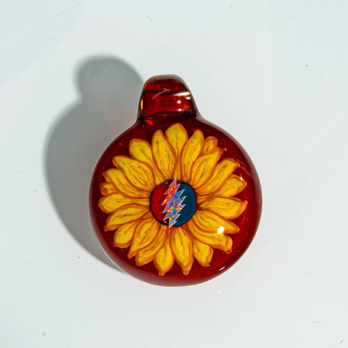 Dead Bolt Sunflower hand-blown glass pendant by Chillary Bogart