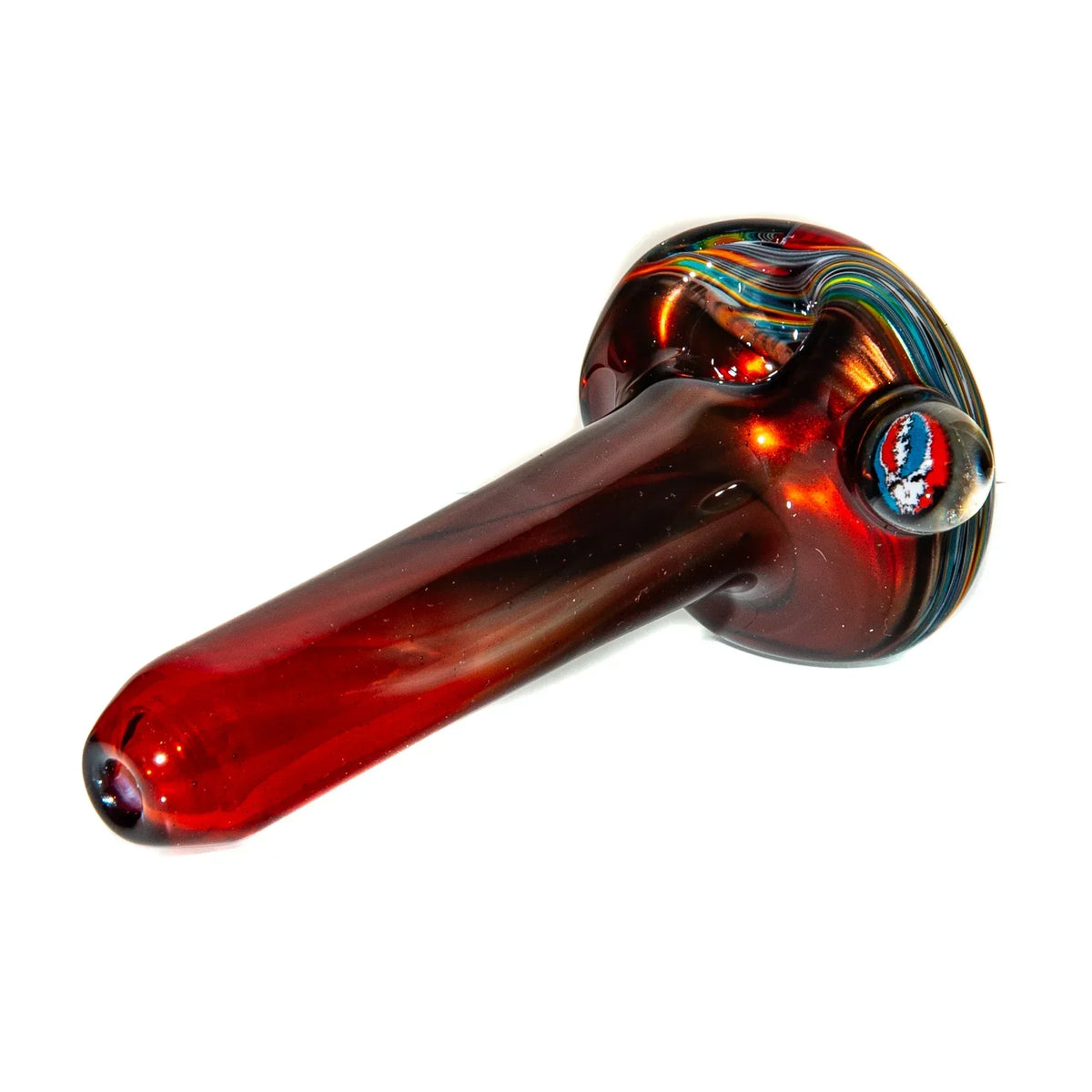 Red glass hand pipe with colorful swirls and decorative marbled accent on white background.