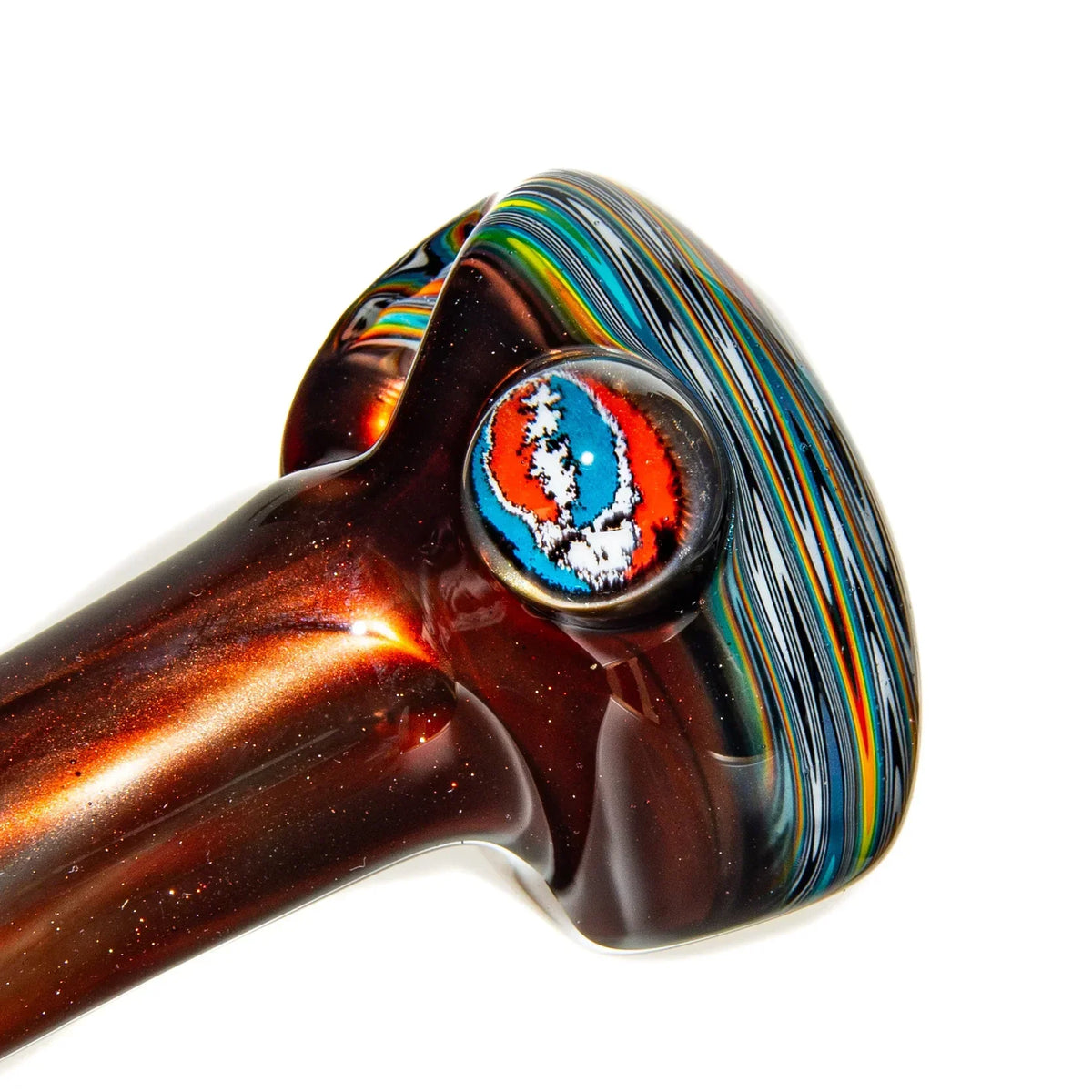 Colorful hand-blown glass pipe with vibrant swirl and distinct patterned accent