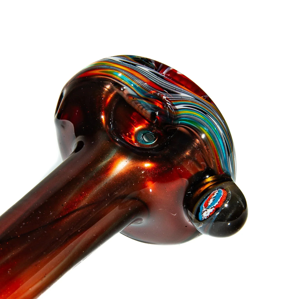 Hand-blown glass spoon pipe with multicolor swirl design and decorative accent