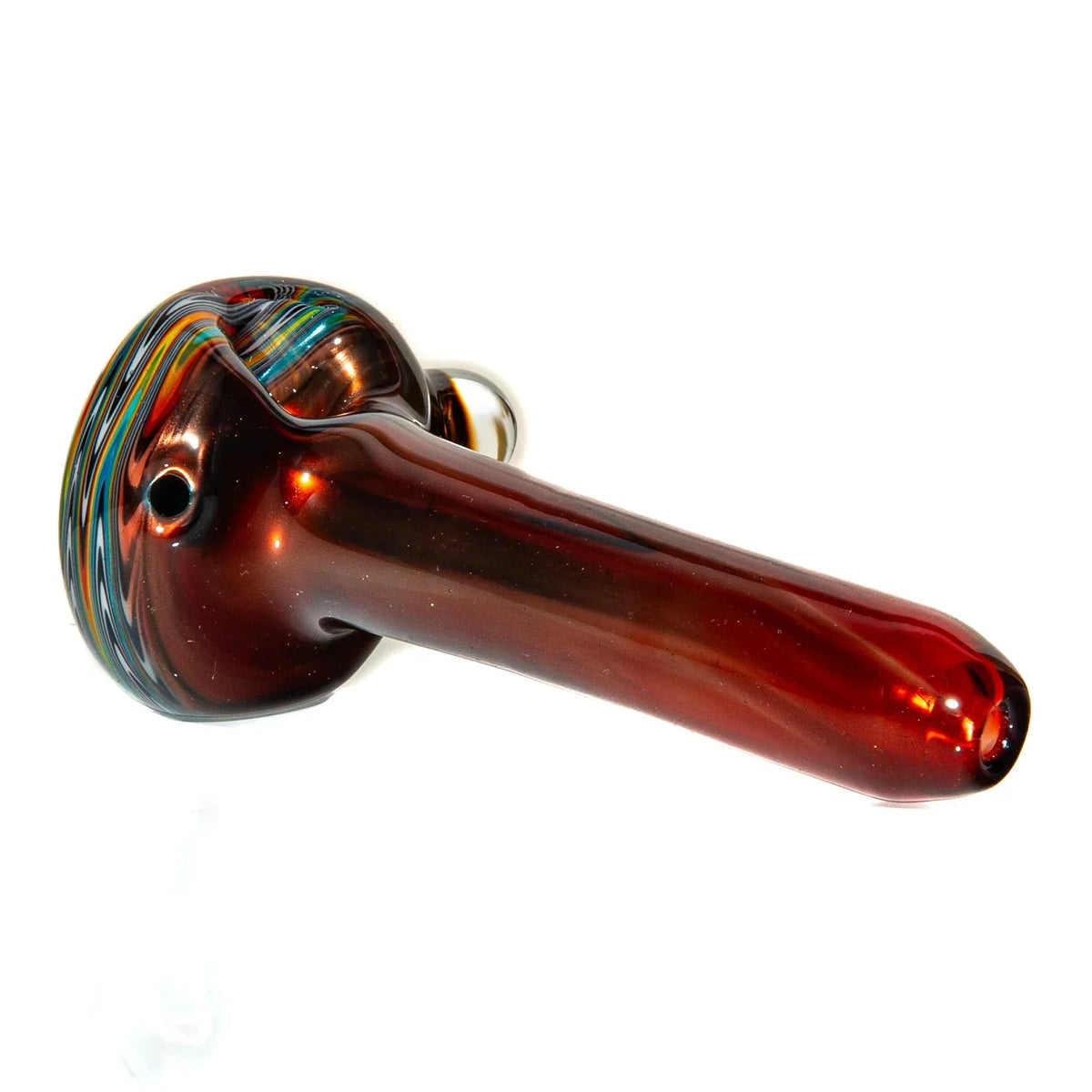 Hand-blown glass smoking pipe with red body and multicolored swirl accents on bowl