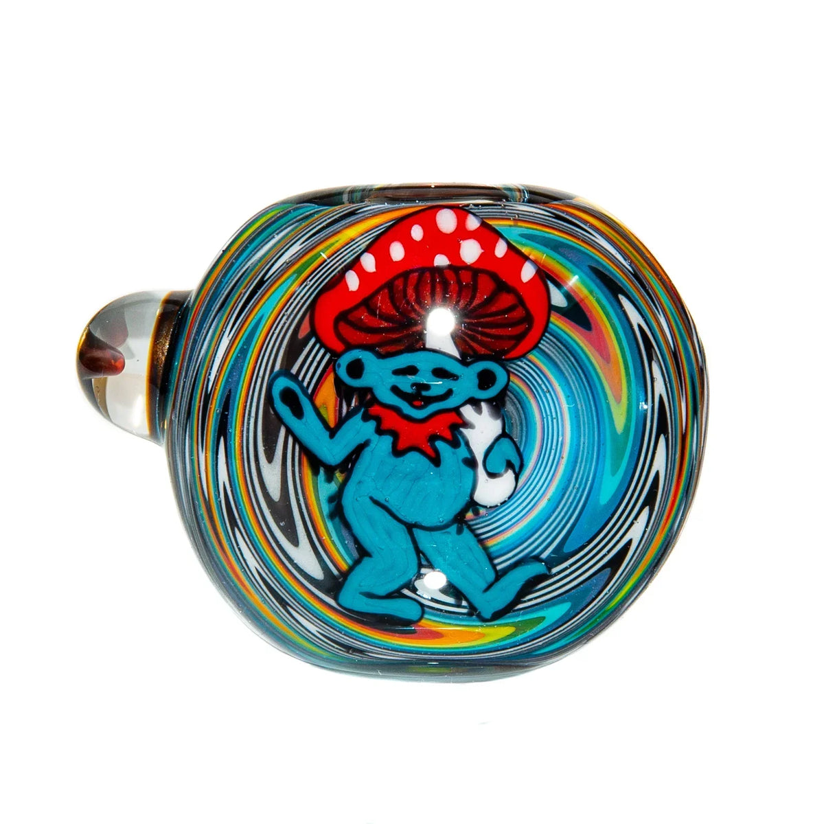 Colorful glass pipe with swirling patterns, featuring a blue bear and red mushroom design.