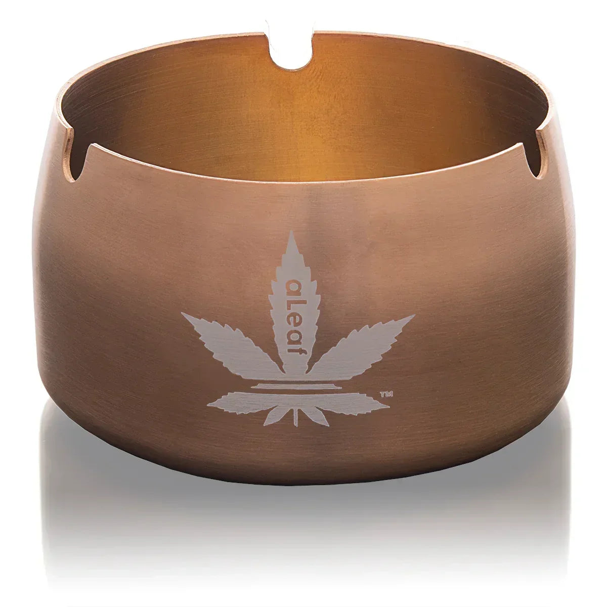 Copper metal ashtray with engraved leaf design and cigarette rests