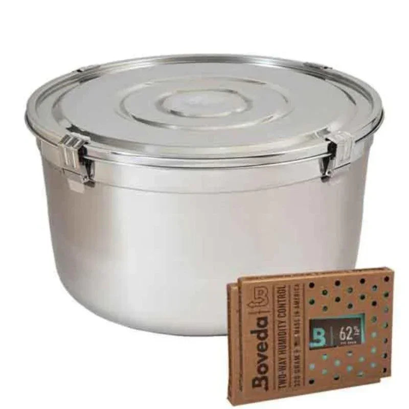 Large stainless steel humidity-controlled storage container with Boveda humidity pack