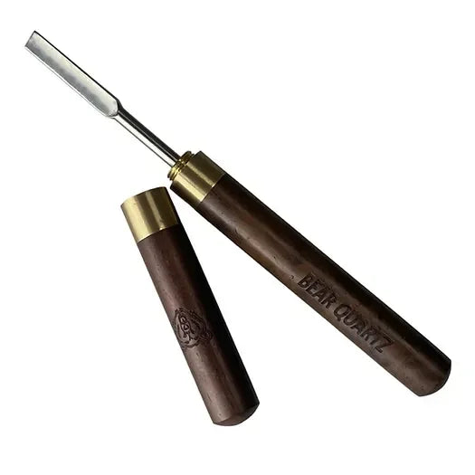 Wooden dab tool with gold accents and protective cap, Bear Quartz logo engraved