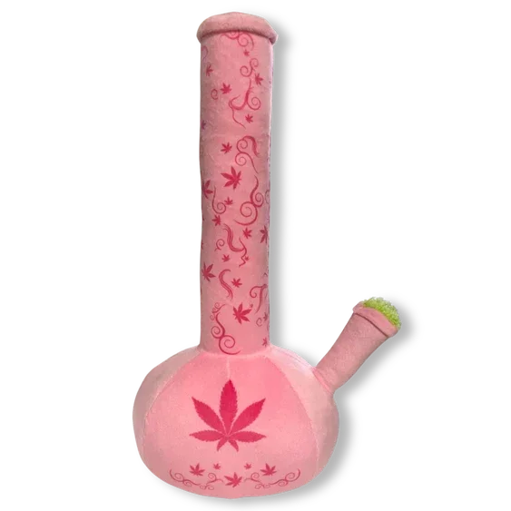 Pink plush bong toy with red leaf designs and decorative swirls, novelty smoking gift