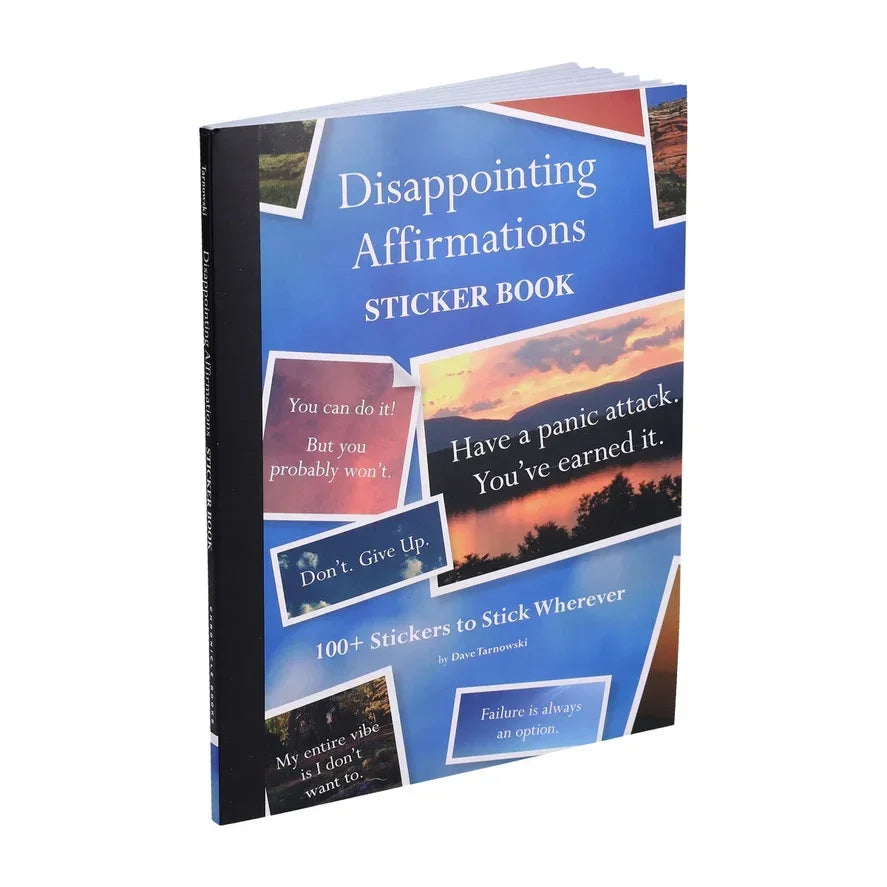 Disappointing Affirmations sticker book with sarcastic motivational stickers and colorful cover