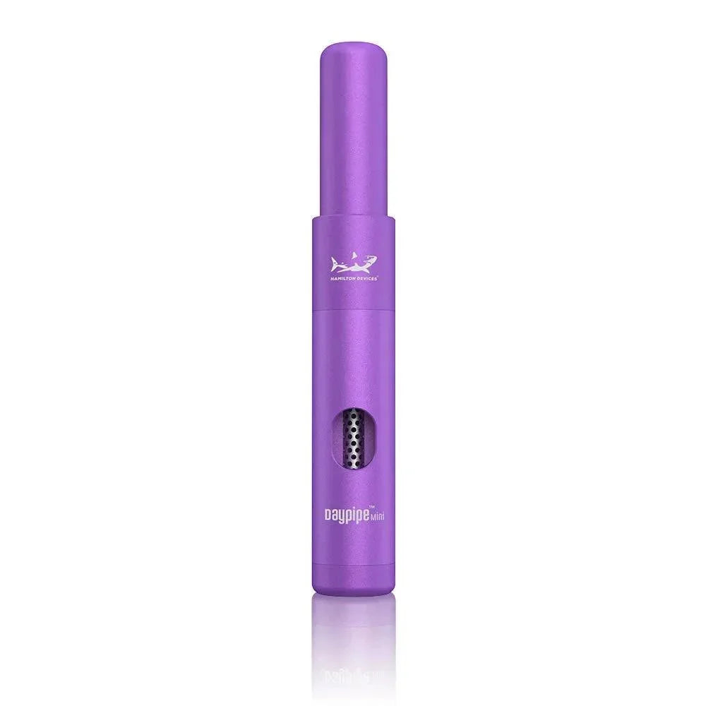 Purple Daypipe Mini dry herb pipe with metal body and visible chamber on white background