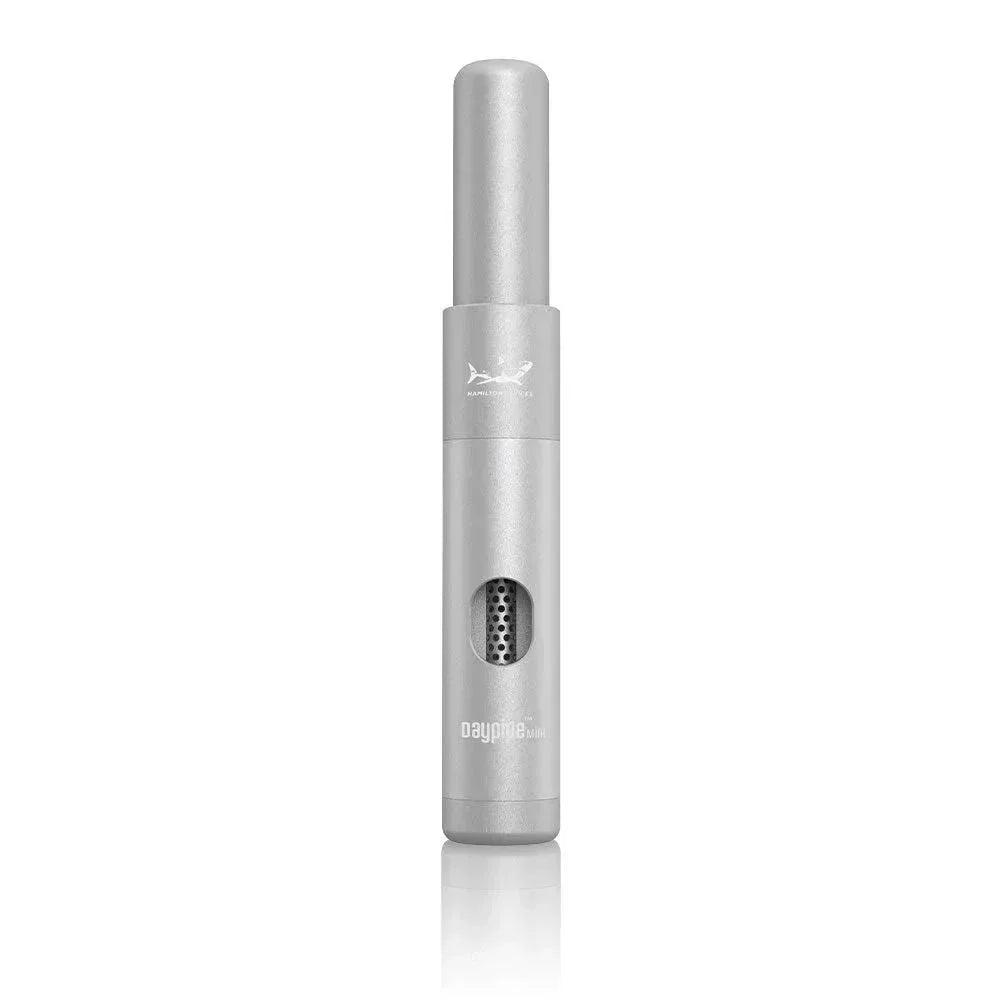 Silver portable smoking pipe with visible filter and discreet logo on white background