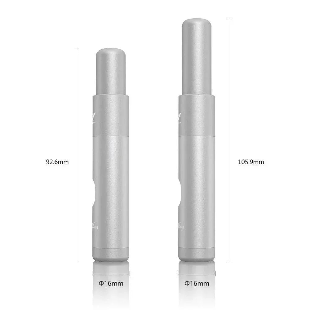 Two matte silver smoking accessories with diameter 16mm, heights 92.6mm and 105.9mm shown.