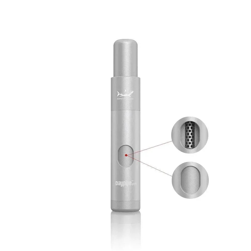 Silver portable dry herb smoking pipe with close-up of bowl and filter screen details.