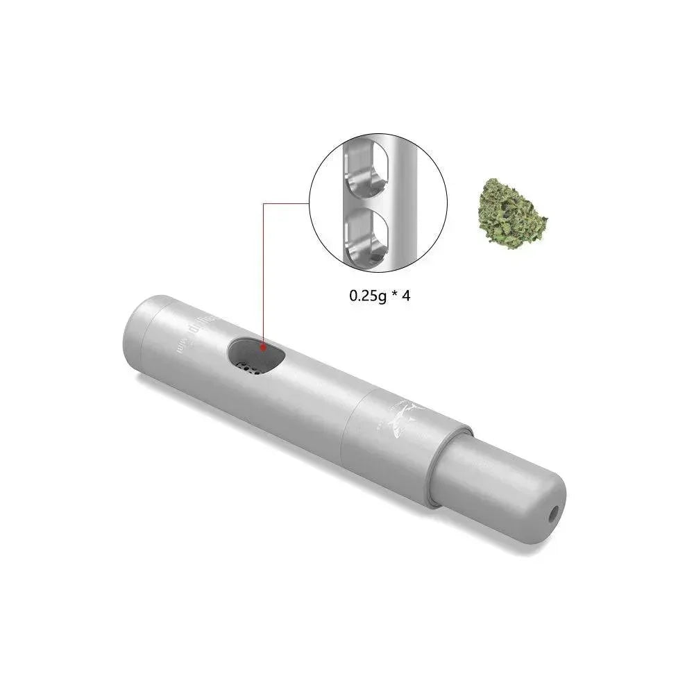 Silver metal herb pipe with storage chambers and loose herb on white background