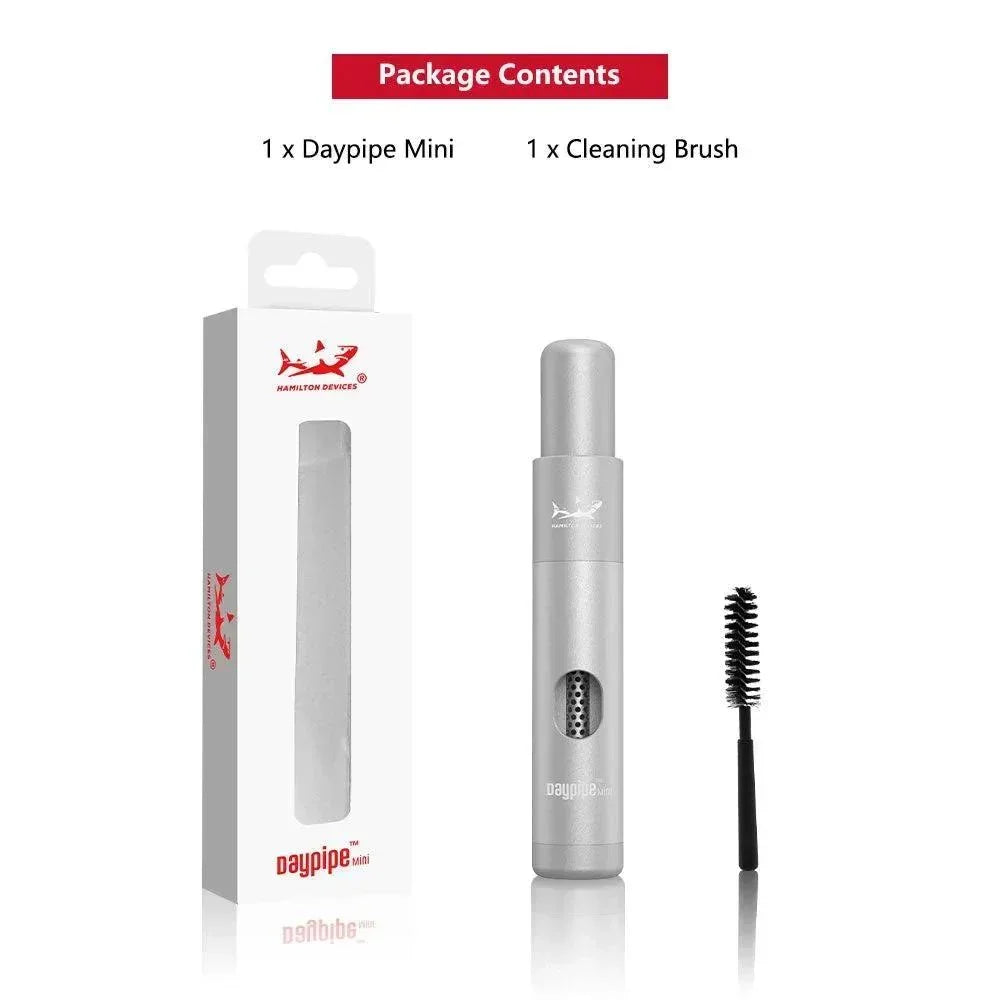 Hamilton Devices Daypipe Mini with cleaning brush and retail packaging, smoking accessory.
