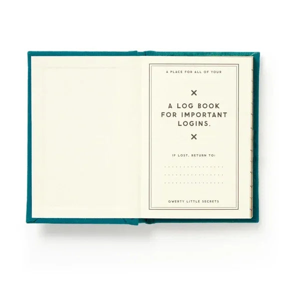 Open log book for important logins with teal cover, blank form for contact if lost