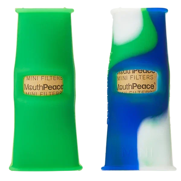 Two silicone MouthPeace mini vape and joint filters, one solid green, one blue-green-white swirl.
