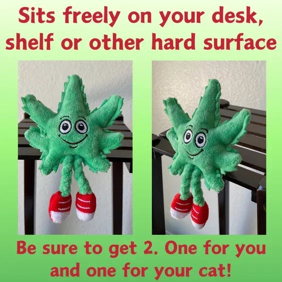 Plush toy shaped like a green leaf with a smiling face and red sneakers, sitting on a shelf.