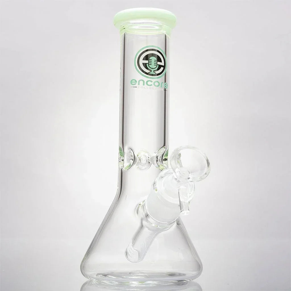 Clear glass beaker mini water pipe with Encore Collection logo on a white background