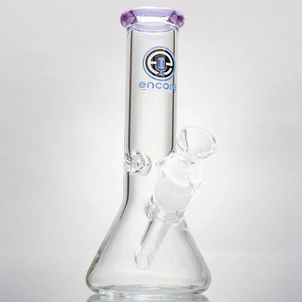 Clear glass mini beaker bong with purple accents and Encore Collection logo on a white background