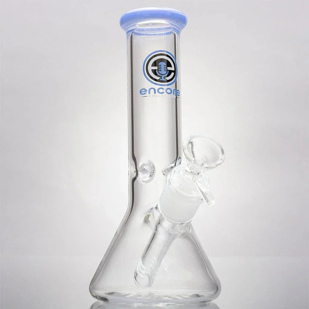 Clear glass mini beaker bong with blue accents and Encore Collection logo on neck