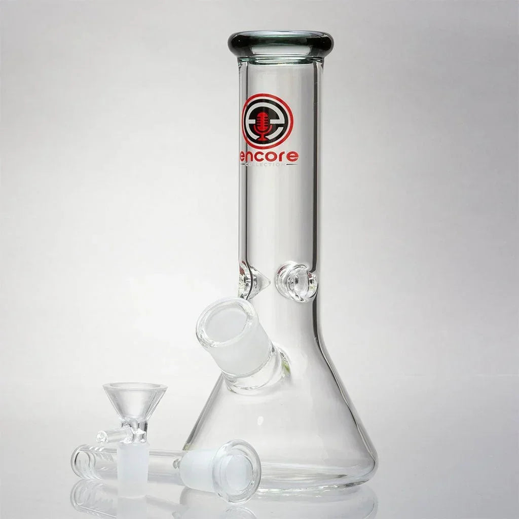 Clear glass mini beaker water pipe with Encore Collection logo and removable downstem