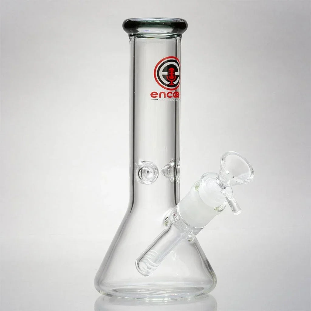 Clear glass mini beaker bong with Encore logo and angled downstem on white background
