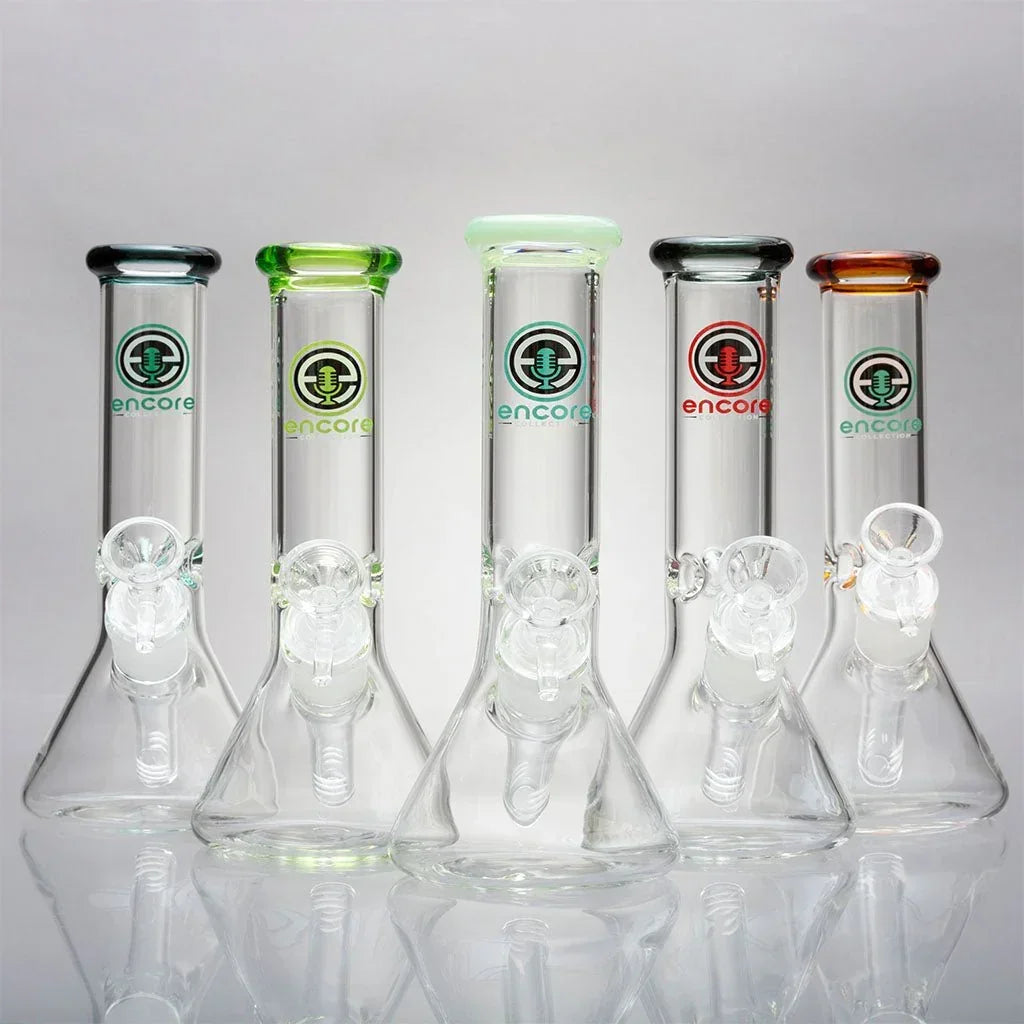 Assorted clear mini beaker glass water pipes with colored rims and Encore logos