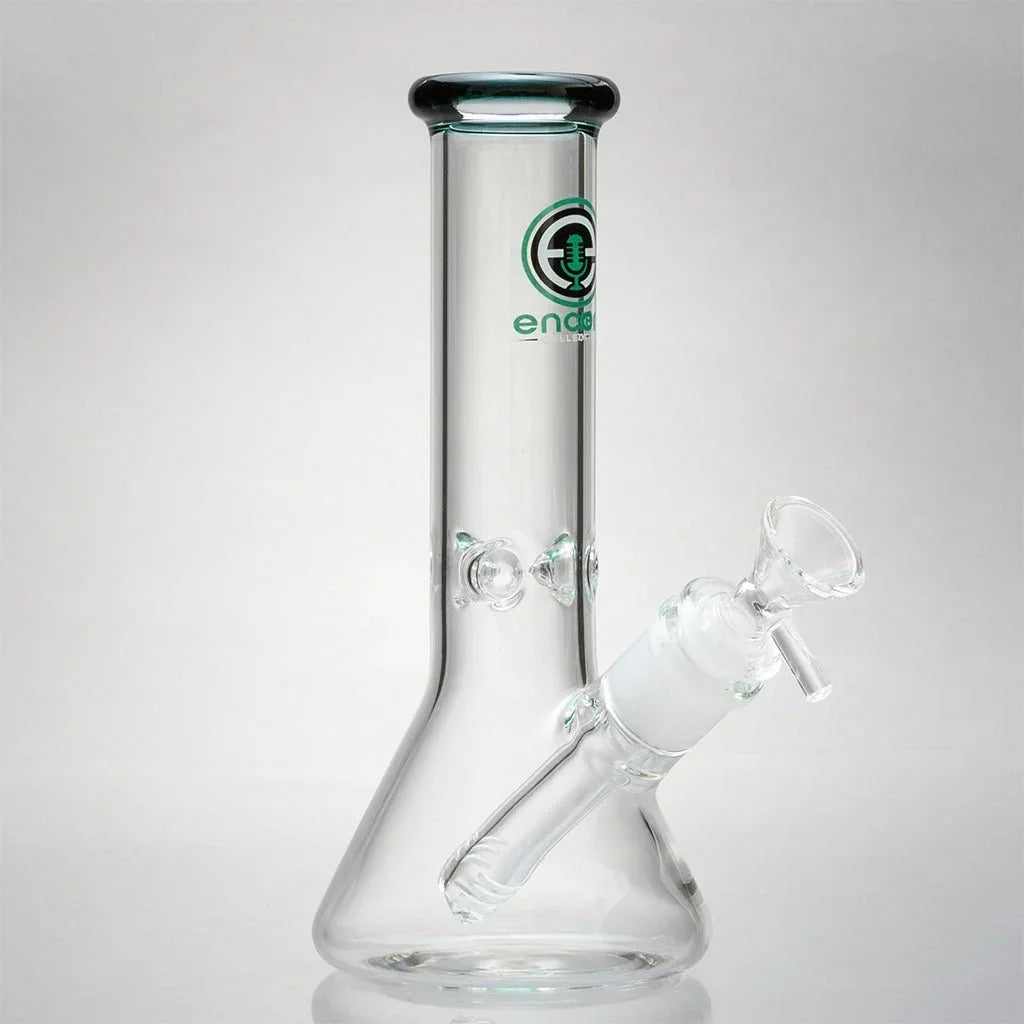 Clear glass mini beaker bong with downstem and bowl, Encore Collection logo on neck
