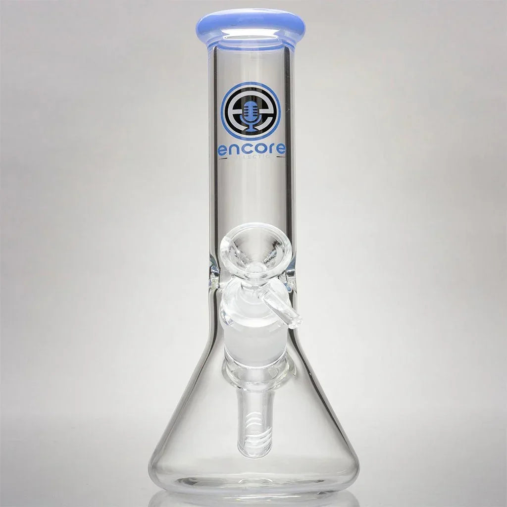 Clear glass mini beaker bong with blue accents and Encore logo, side view, on white background.