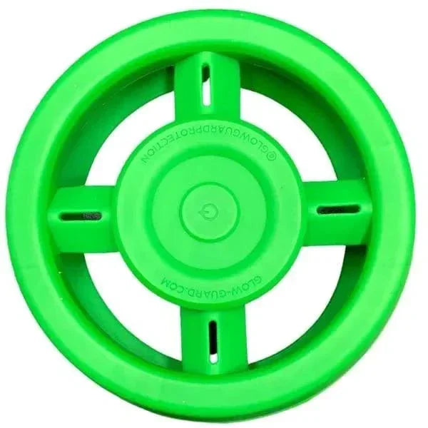 Bright green silicone glass protection wheel, circular with four spokes, top view