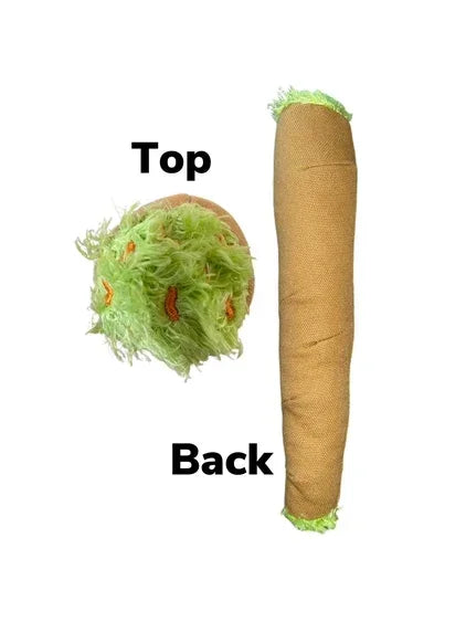 Plush novelty joint toy shown from top and back views, featuring green fuzzy end.