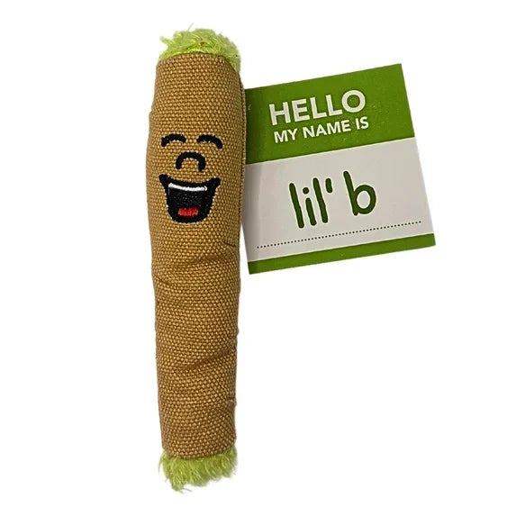 Funny plush joint toy with embroidered smiling face and a tag labeled 'lil' b'