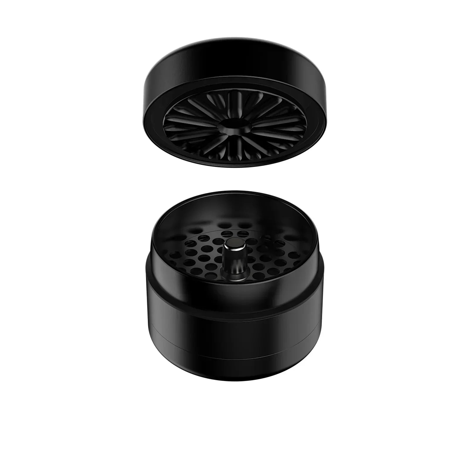 Black aluminum herb grinder with open lid showing grinding teeth and sifting holes.