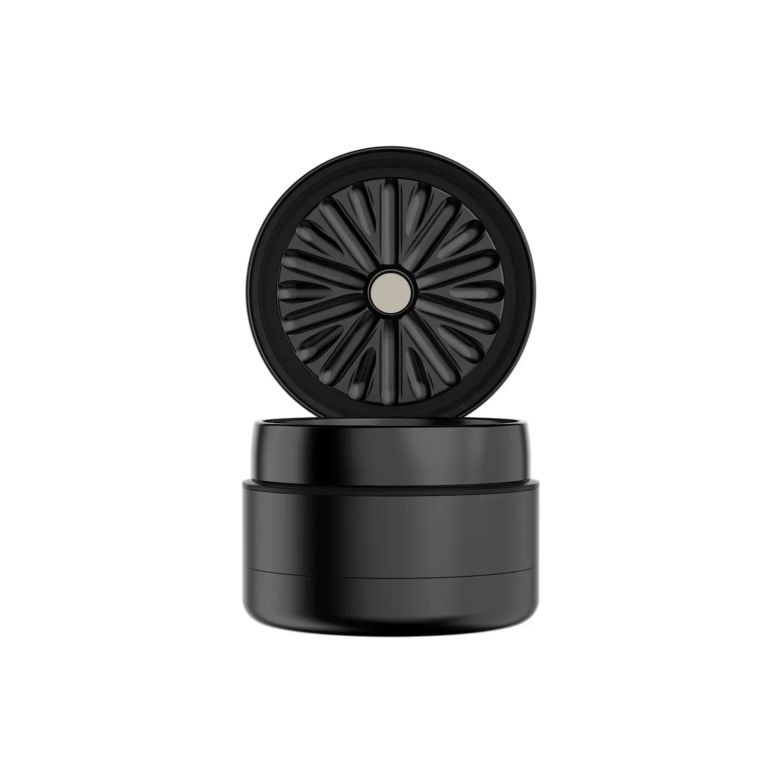 2.5 inch premium aluminum herb grinder open, showing black precision teeth design.
