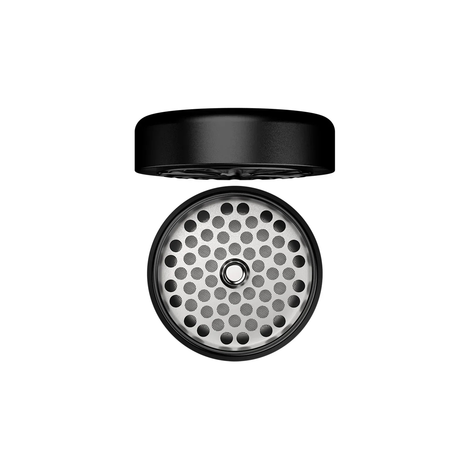 Open aluminum herb grinder with circular holes and medium mill plate on white background