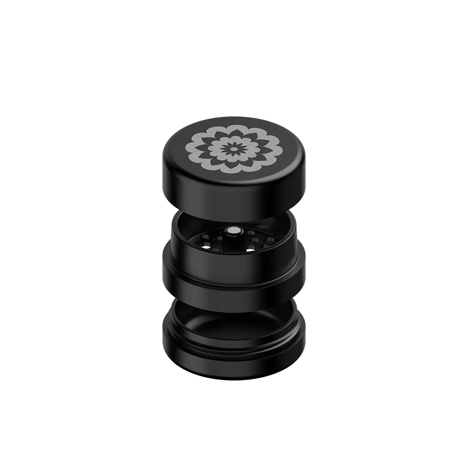 Black 3-piece herb grinder with flower design, shown in exploded view on white background