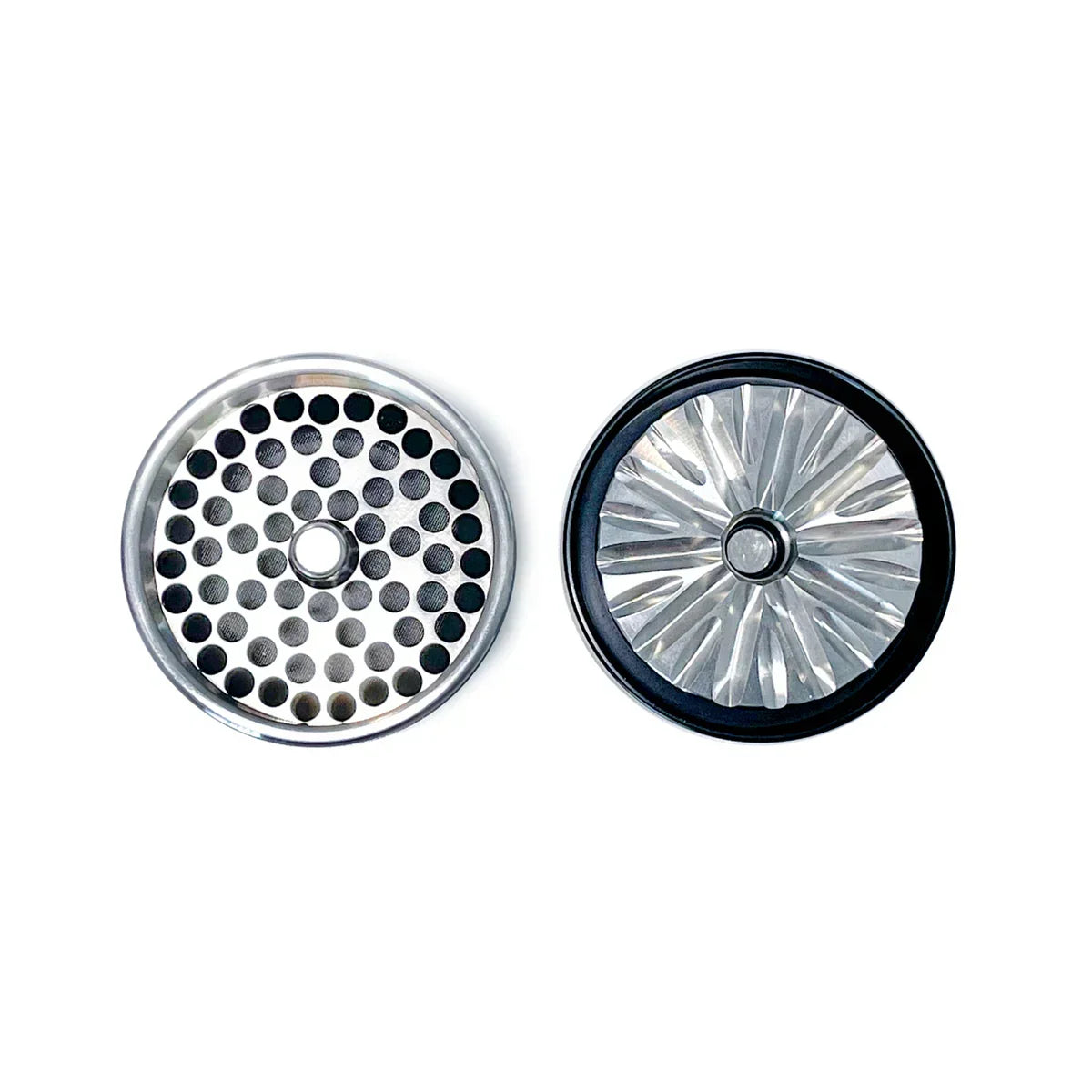 Premium 3-piece aluminum toothless herb grinder screen, shown open on white background