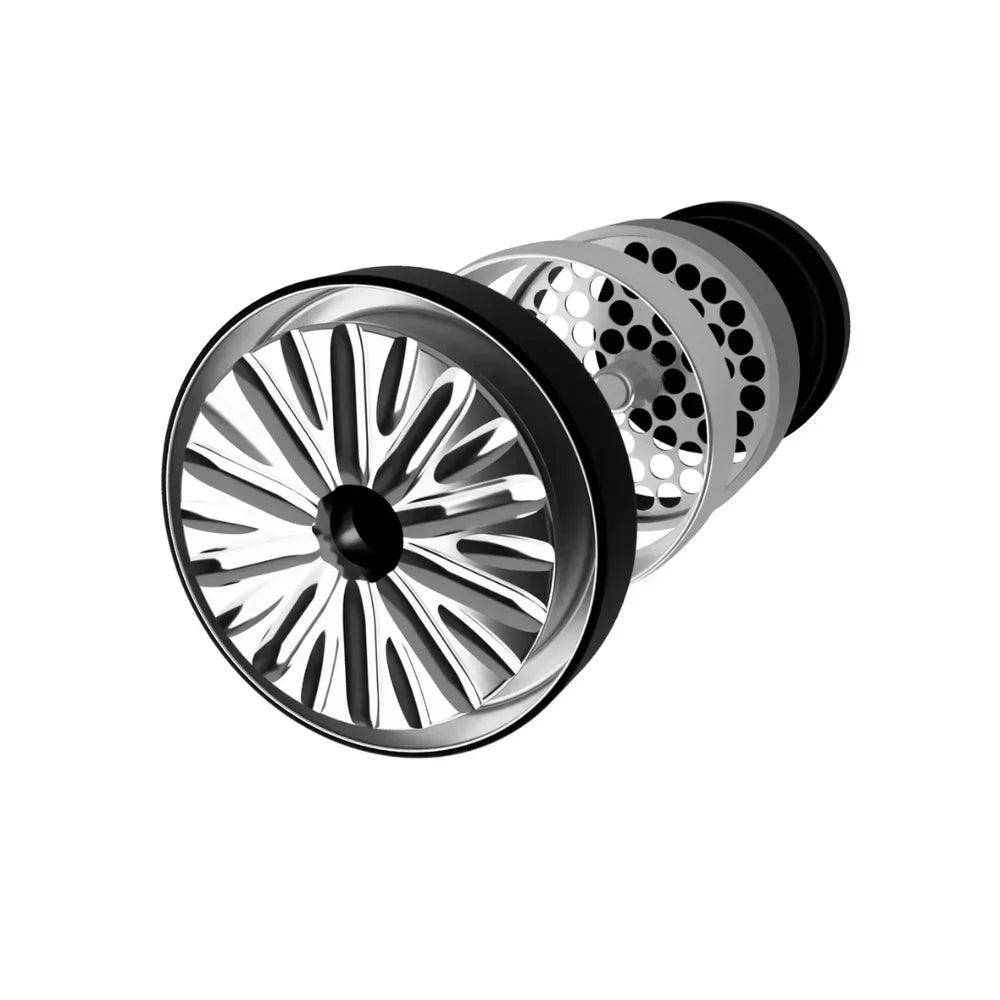Three-piece premium herb grinder in grey with layered metal components and sifting screen