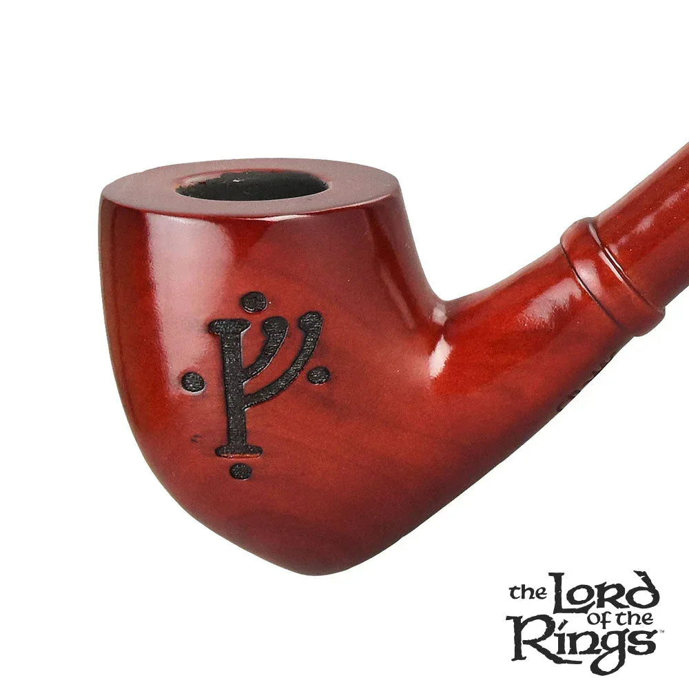 Close-up of polished wooden smoking pipe with carved rune and The Lord of the Rings logo.