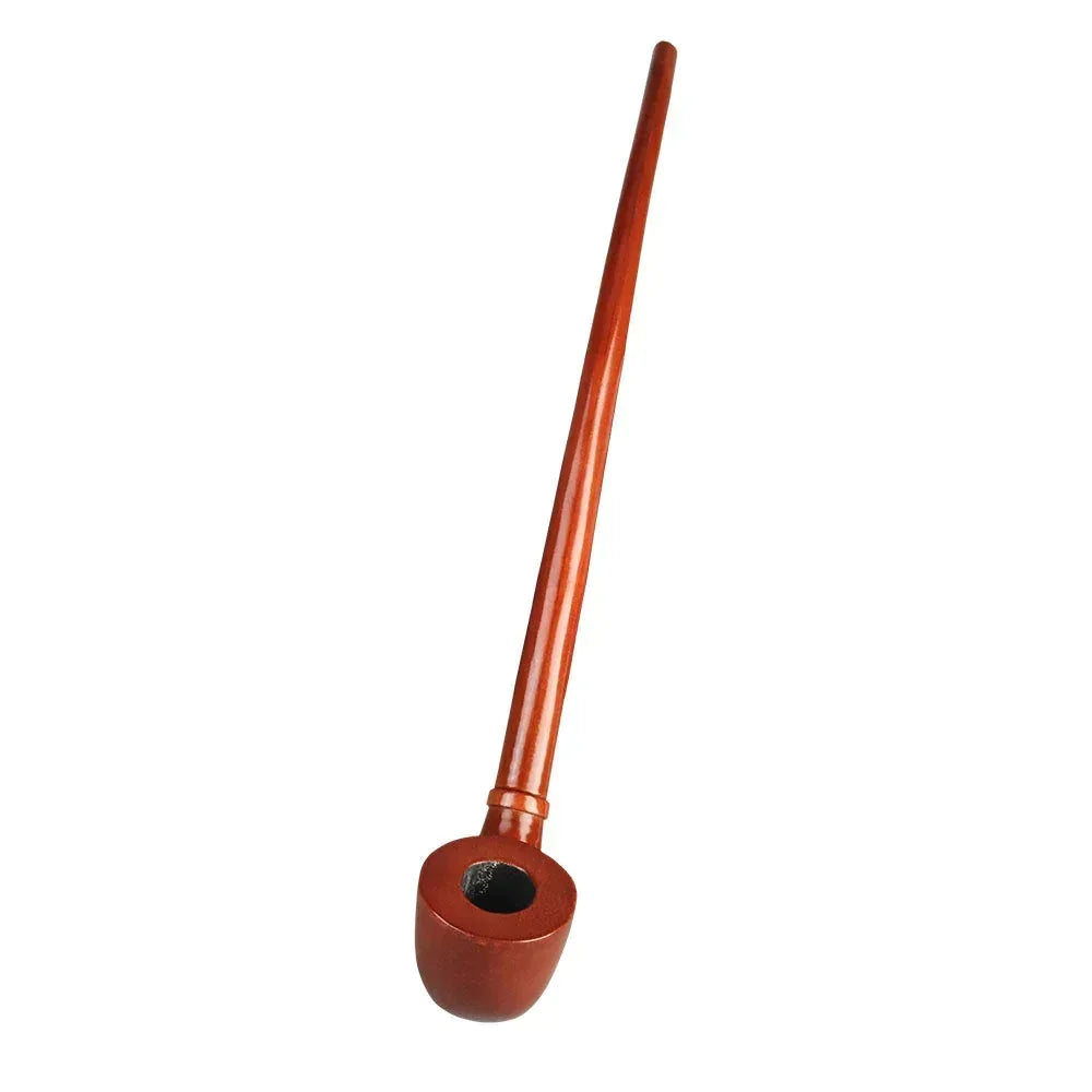 Long wooden smoking pipe with a deep bowl, top view on white background