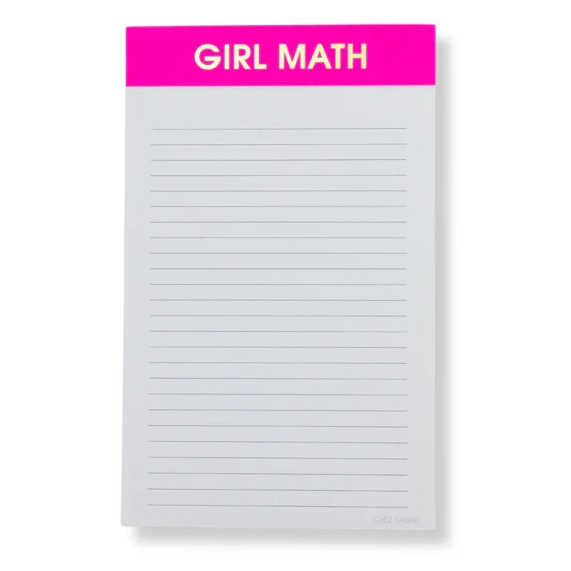 Notepad with bright pink header labeled 'Girl Math', lined pages, novelty stationery gift.