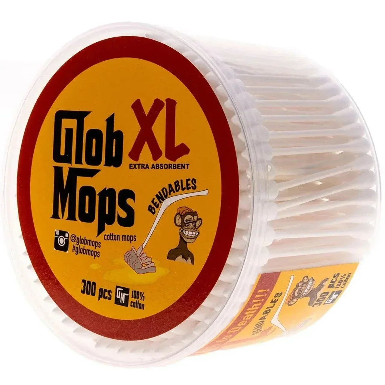 Glob Mops XL bendable cotton swabs in a round plastic container, 300 pieces, extra absorbent.